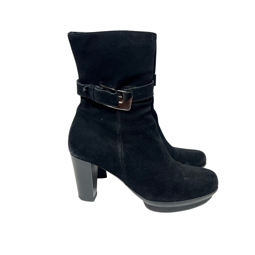 La Canadienne Womens Boot Buckle Detail 8 Black Suede Ankle Mid Calf Block Heel